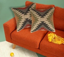 Set of 2 Handwoven Wool Jute Cushion Cover 18"x18" Boho Room Decorative Pillow