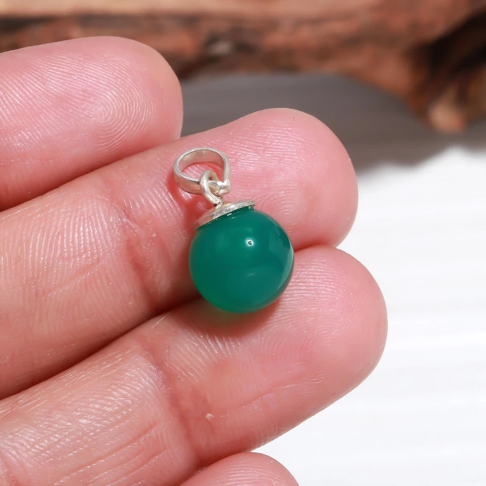 Pendientes colgantes y colgantes de bola de ónix verde 100 % natural plata maciza dije joyería Foto 3 de 4