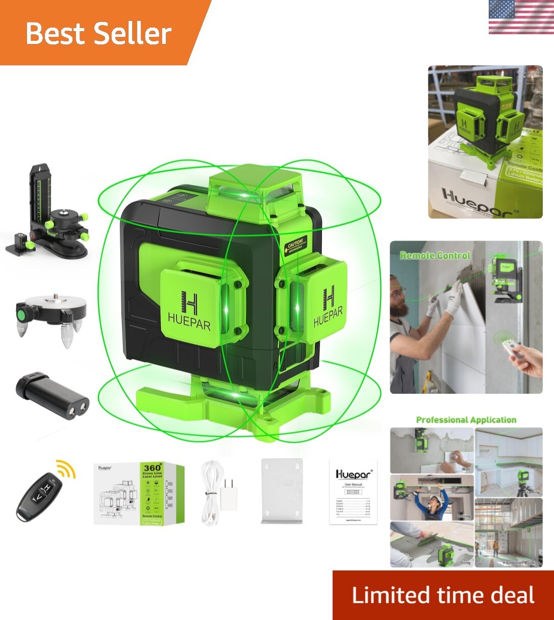 Huepar 16-Line 360-Degree Green Laser Level with Remote Control for Precision