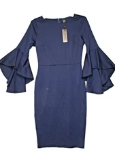 VFSHOW Womens Navy Blue Bell Sleeves Cocktail Party Casual Bodycon Pencil Sheath