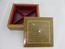 Micro Mosaic Inlay Marquetry Jewelry Box Wood Inlay Gold Divided Red Velvet