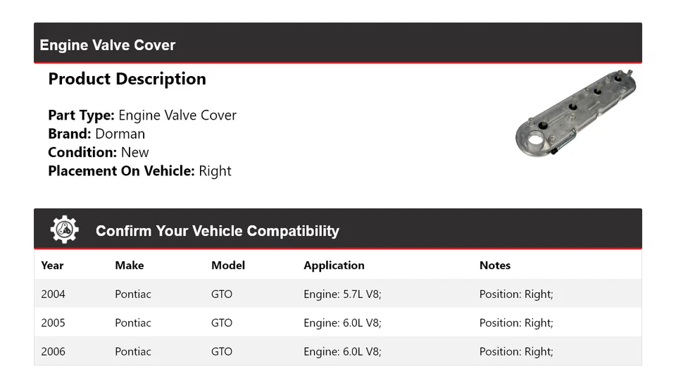 For 2004-2006 Pontiac GTO Dorman Engine Valve Cover Right 2005 - Image 2 of 4