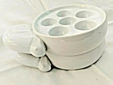 2 Vtg white snail shape ceramic Escargot Snail Mushroom pans Deviled Egg platter