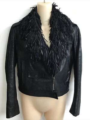 Fendi Vintage Moto Jacket Black Leather Distressed Finish Fringe