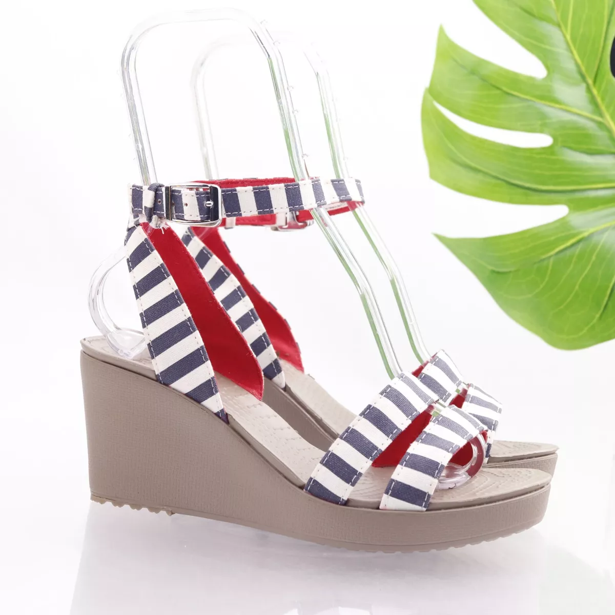 Crocs Women s Leigh Sandal Size 9 Ankle Strap Wedge Graphic Stripe