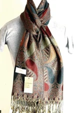 Women's Pashmina Scarf Shawl;Paisley Brown Turquoise Silk Cashmere*Soft*