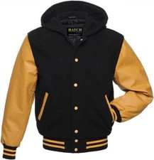 Mens Varsity Baseball Hoodie Style Wool Body Genuine Leather Arms Varsity Jacket