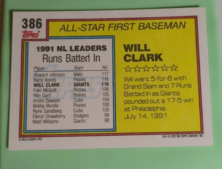 1992 Topps 386 Will Clark - San Francisco Giants - All Star - Baseball Card - Image 2 of 2