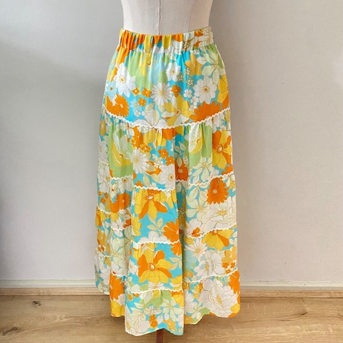 AERE Womens Maxi Skirt Size 8 Floral Orange Blue Linen Tiered Boho Ric Rac Trim - Picture 5 of 15