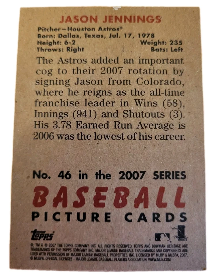 2007 Bowman Heritage Baseball Card #46 Jason Jennings MLB Houston Astros (C7 - Image 2 of 2