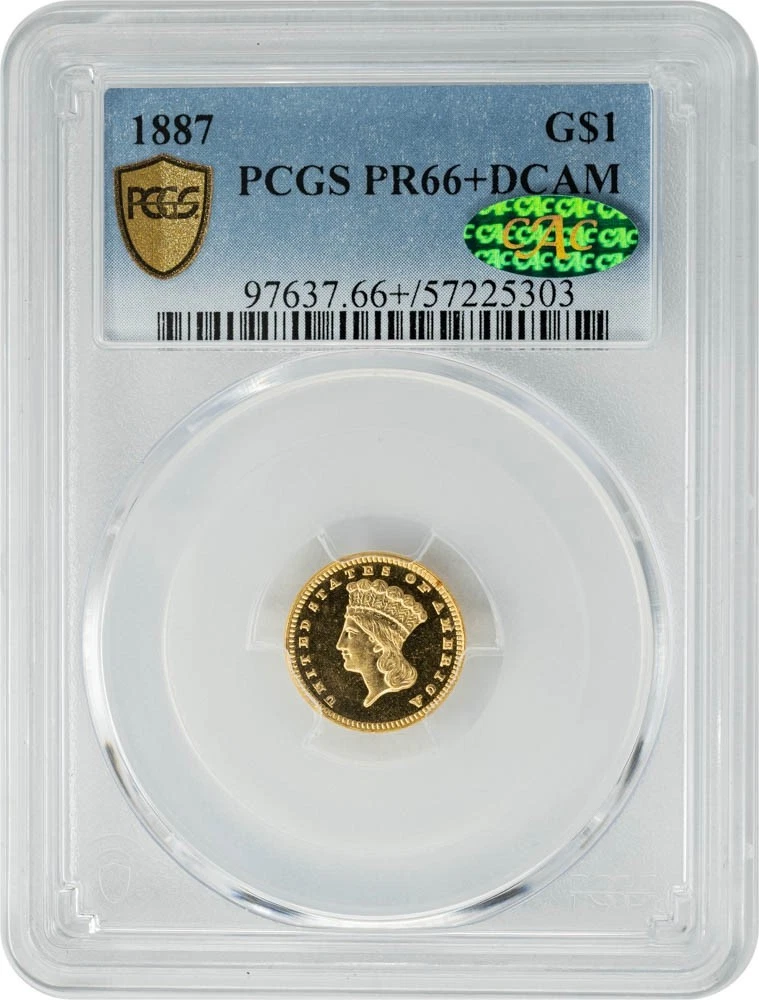 1887 $ Gold Indian Dollar PR66+ DCAM Secure PCGS ~ CAC 947078-3