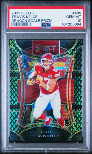 Travis Kelce 2023 Panini Select #499 Dragon Scale Prizm PSA 10