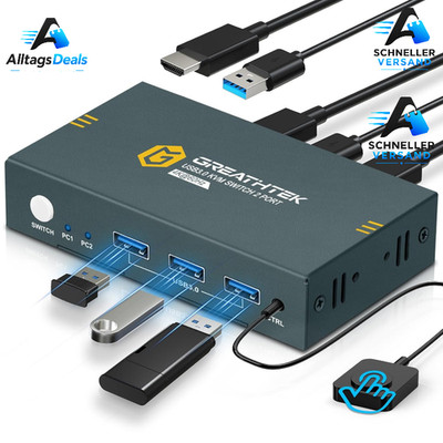 KVM Switch 4K 60Hz HDMI 2 PC 1 Monitor 3 USB 3.0 Ports für Drucker Maus Tastatur