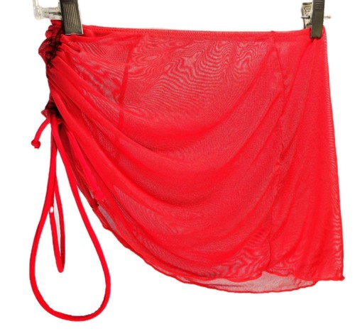 Short Sarong Bikini Wrap Cover Up Sz S Red Sheer Mesh Pullover Ruched Drawstring - Imagen 3 de 8