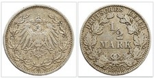 1/2 Mark Piece 1906 G German Reich Imperial Eagle Old Empire Silver Coin