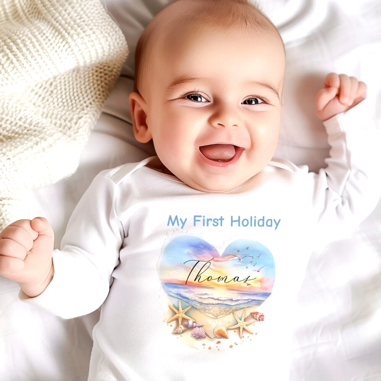 Personalised First Holiday Baby Romper Suit Set, Quality toddler Clothing