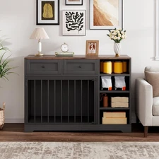 47” Large Wooden Dog Cage Crate Furniture Dog Kennel Indoor 2 Drawers 4 Shelves