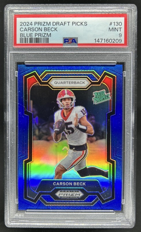 2024 Prizm Collegiate Draft Picks Carson Beck Blue Rated Prospect #/199 PSA 9