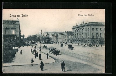 Postcard of Berlin, Unter den Linden street with monument