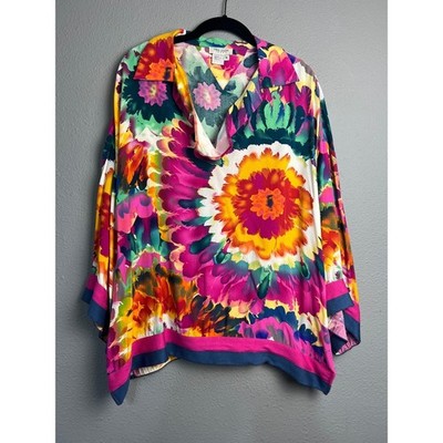 Tru Luxe Jeans Floral Print Rayon Blouse XL Multicolor V-Neck Artsy Boho Top
