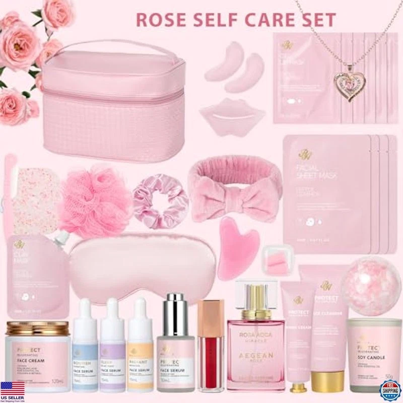 Juego de Cuidado Facial Rosa, 33 Piezas Cesta Spa, Sábanas Máscaras, Bombas de Baño, Kit de Belleza Foto 2 de 4