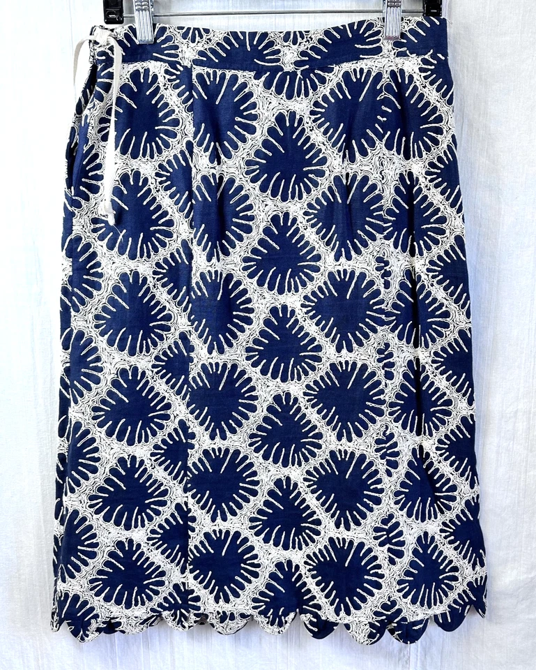 Falda TOCCA para mujer azul marino y blanco bordada de lino dobladillo festoneado línea A talla 2 Foto 4 de 4