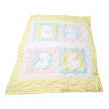 Vtg Pastel Quilted Baby Blanket Sleepy Animal Bashful Puppy Kitty Mouse Bear
