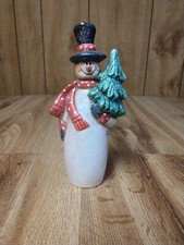 Snowman 6" Figurine W/Black Hat, Red  White Scarf Holding Tree Christmas Decor