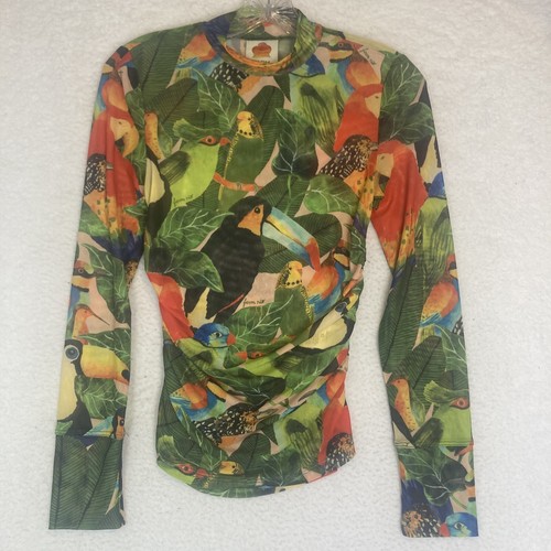 FARM RIO XS Bluse Tropical Print Cinched Vogel Papagei Tukan Top