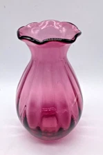 Cranberry Glass Bud Vase Ruffled Ribbed Optic Line Hand Blown, 5.75”