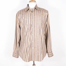 Robert Graham Cotton Embroidered Beige Striped Button Up Dress Shirt - SZ XL