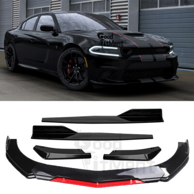 For Dodge Charger SRT Hellcat Black & Red Front Bumper Lip+Side Skirt+Rear Lip