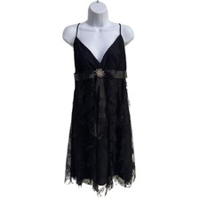 Cache’  Black Lace Cocktail Little Black Dress 12 empire waist  w/ broach