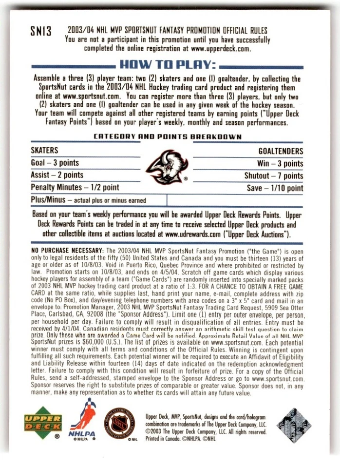 2003-04 Upper Deck MVP SportsNut Maxim Afinogenov #SN13 Buffalo Sabres - Image 2 of 2