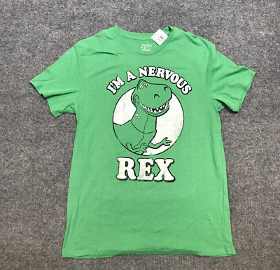 DISNEY PIXAR TOY STORY I'M A NERVOUS REX GREEN TEE SHIRT MED DISTRESSED LOOK NEW