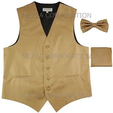 New Men's Tuxedo Vest Vertical Stripes Bowtie Hankie set prom party Mocca Brown