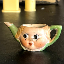 VINTAGE DOLLY FACE BISQUE TEA POT NO LID JAPAN DOLL SIDE GLANCING EYES NO LID