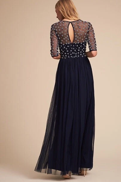 $325 BHLDN Motee Maids Rowan Vestido Maxi Vestido Tul Talla 2 XS Con Cuentas Azul Marino Nuevo Foto 2 de 3