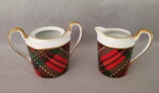 Fitz and Floyd Fine Porcelain Country Plaid Creamer + Sugar Bowl no lid Japan