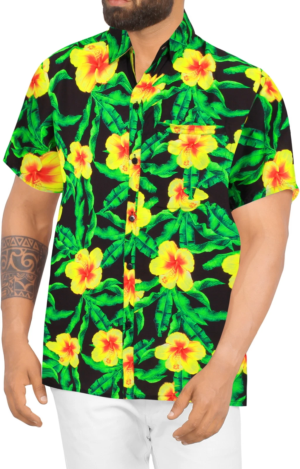 HAPPY BAY Mens Hawaiian Short Sleeve Button Down Shirts M Hibiscus, Black