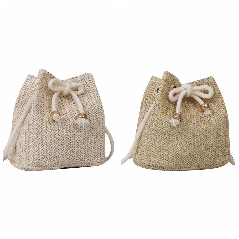 Mobile Bag Raffia Bag Woven Drawstring Bucket Bag Beach eBay