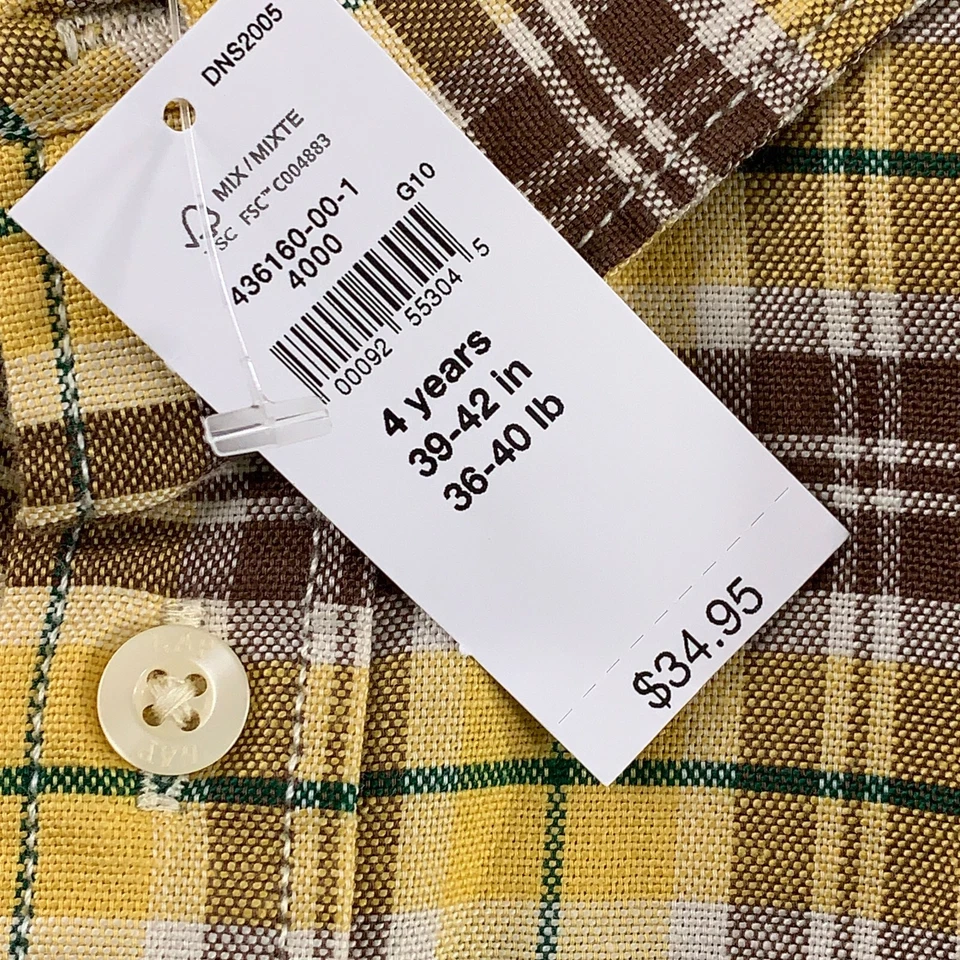 Gap Toddler Boys Size 4 Yellow Plaid Long Sleeve Oxford Shirt NWT - Image 3 of 4