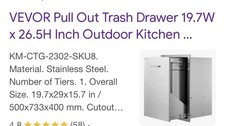 Pull Out Trash Drawer 19.7W x 26.5H Inch Outdoor Kitchen Drawers Stainless Steel