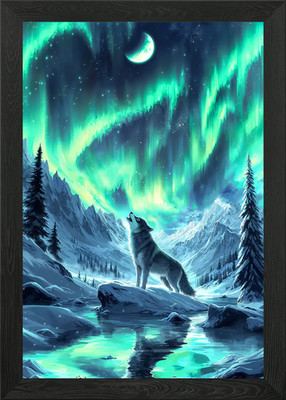 Nordic Wolf Aurora Borealis Framed Wall Art Poster Canvas Print Picture