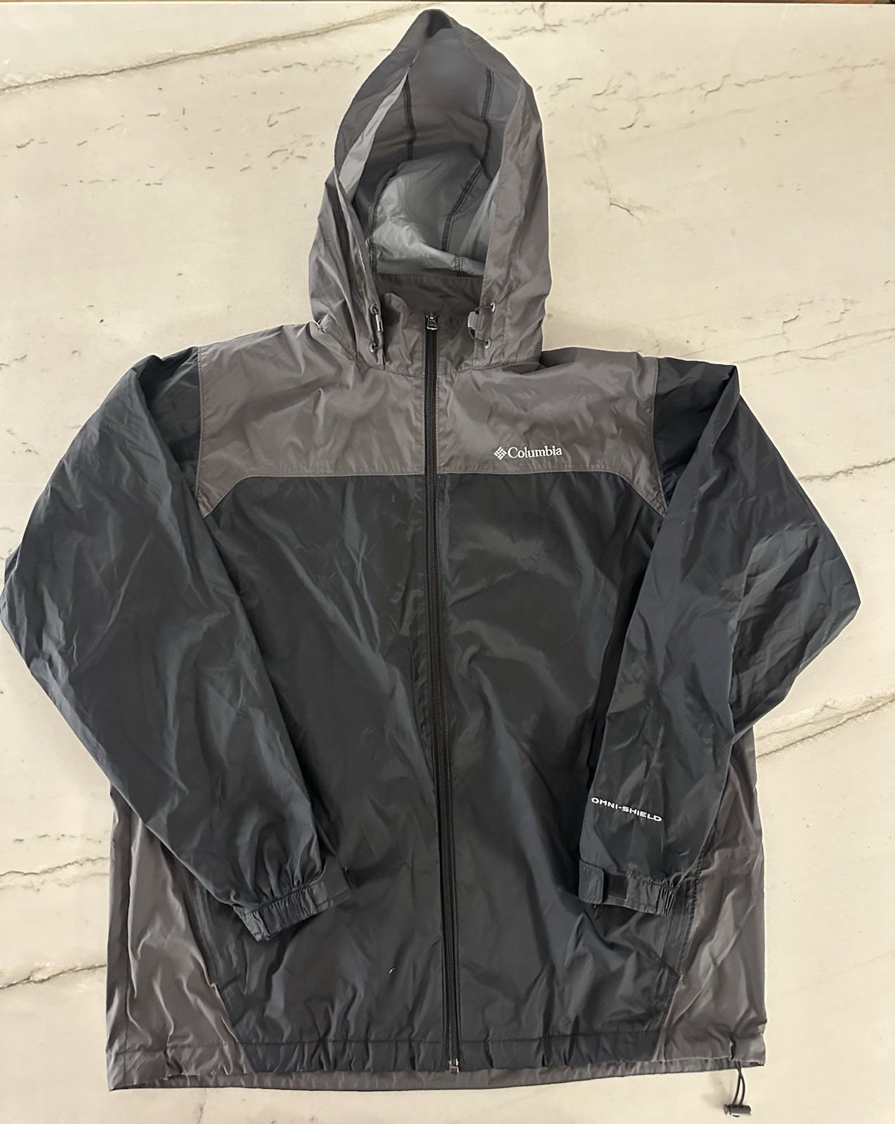 Columbia Jacket Mens Large Black Gray Packable Waterproof Hooded Omni-Shield