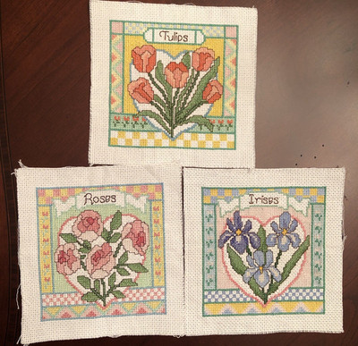 3 Floral Tulip Rose Iris Completed Finished Cross Stitch 5''x5'' Frame Coaster