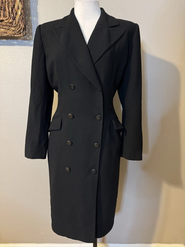 Linda Allard Ellen Tracy Double Breasted Blazer Dress Black Vintage Below Knee - Image 4 of 4