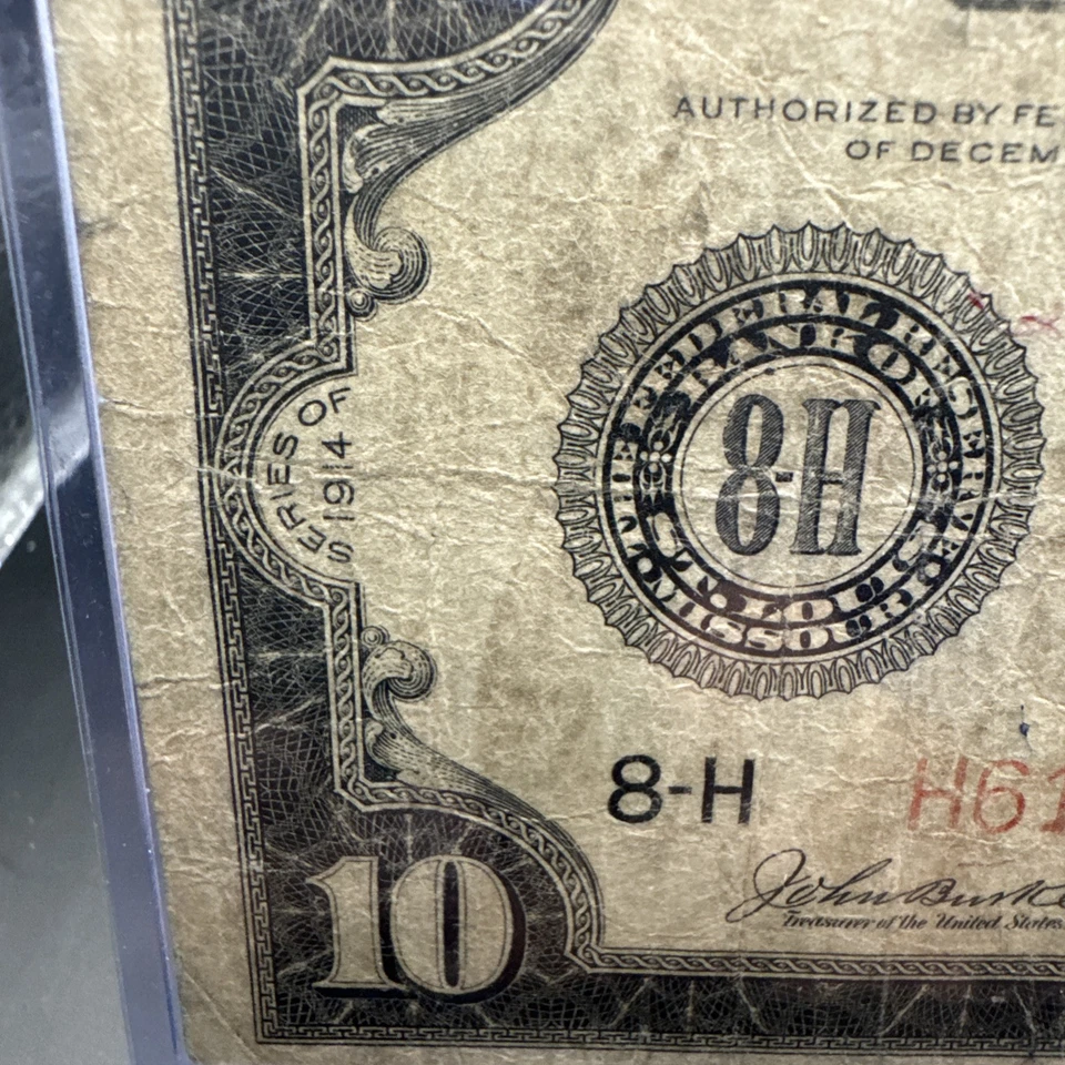 $10 DOLLAR 1914 FEDERAL RESERVE LARGE SIZE NOTE RED SEAL FR 899B. Harder To Find - Image 3 of 4