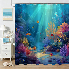 Ocean Shower Curtain Underwater World Kids Bathroom Shower Curtain Summer Sea Fi