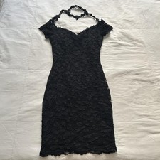 Vintage Black Floral Lace Midi Dress Off Shoulder Strappy Neck Size 10